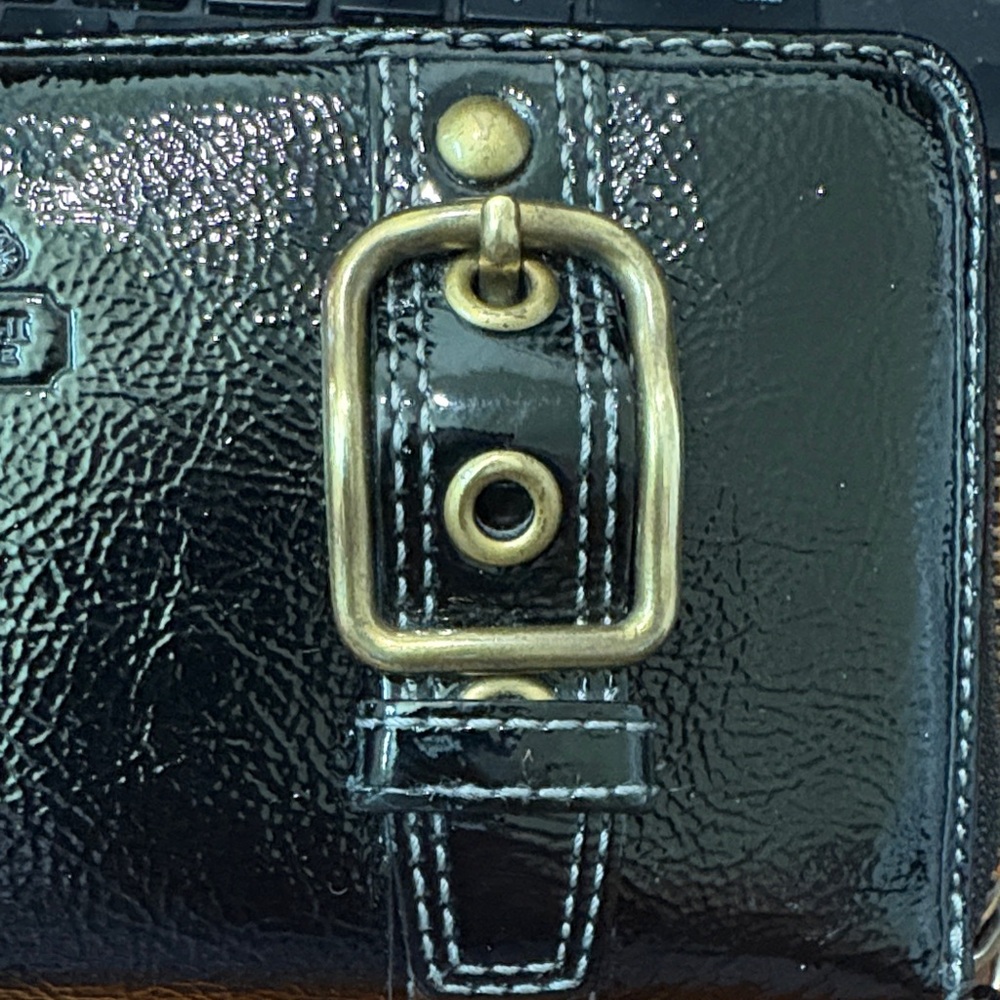 Coach Black Patent Leather Zip-Around Wallet with Brass Buckle Accents - Picture 5 of 8